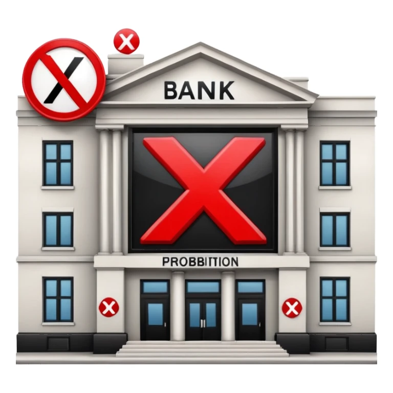 bank building with a large red X over it, prohibition sign sticker