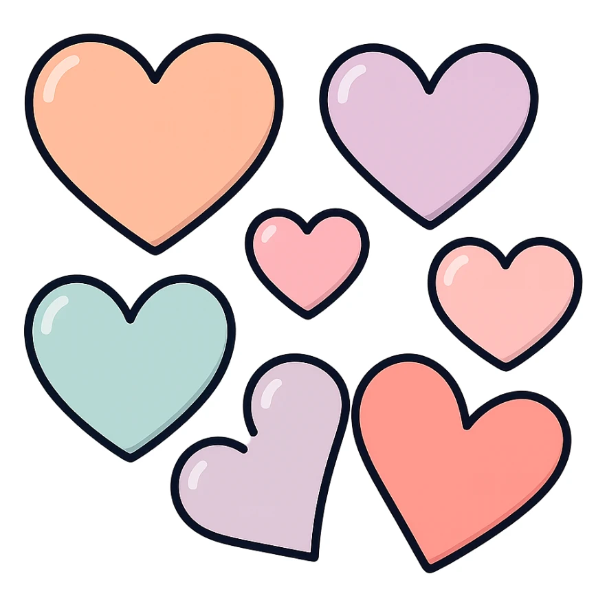 several hearts of different shapes on one canvas, icon-color-outlined style, vector look with shadows and highlights, detailed shading, thin clean outlines, soft rounded features, pastel palette #98B5BC #B5B3C1 #C9A3C9 #E4C0CA #F7DCD1 #F7C0AA, Japanese pop art, sticker look, highly detailed, transparent background sticker