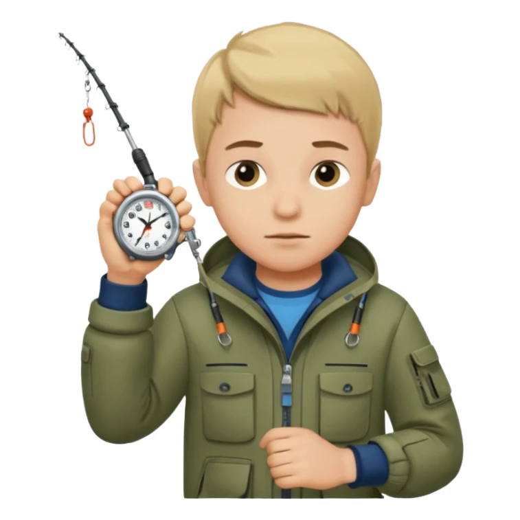 Boy in fishing suit looking at his wristwatch sticker