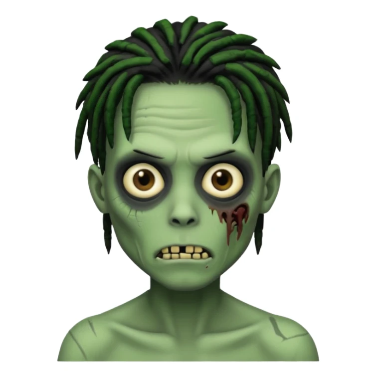 make a zombie boy emoji (headshot only) that has black dreads with green skin and some facial scars sticker