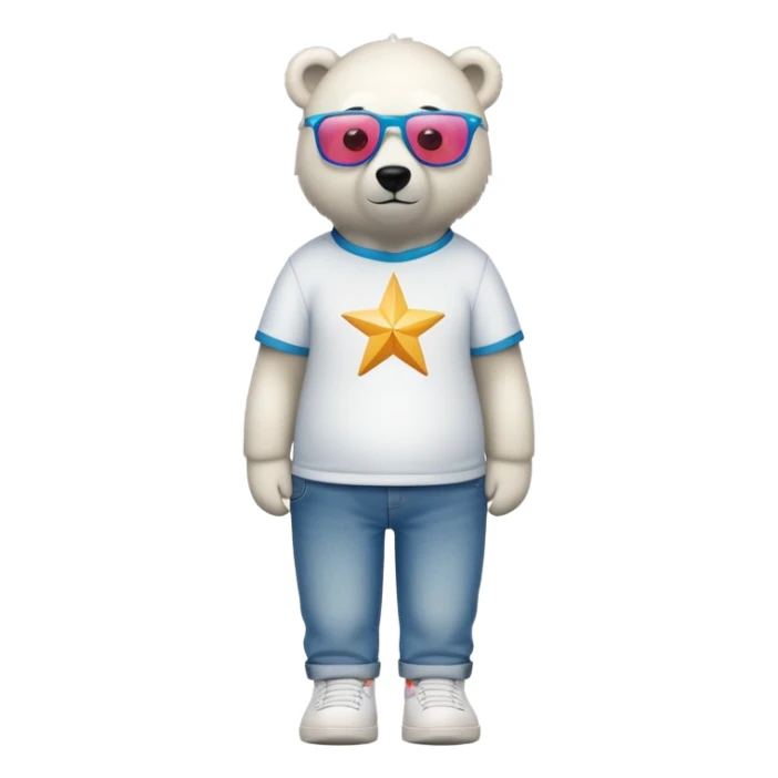 friendly anthropomorphised polar bear standing upright, looking chilled and unbothered, wearing a shirt, jeans, trainers, oversized colorful star glasses sticker