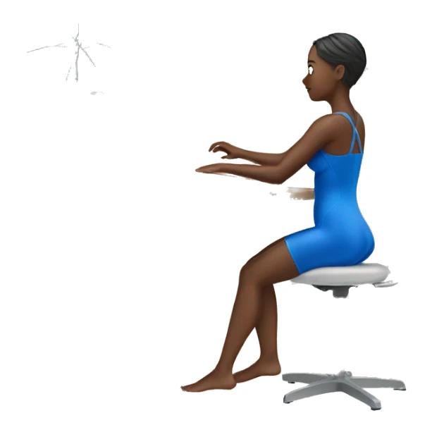 woman on standing desk with blue bathing suit sticker