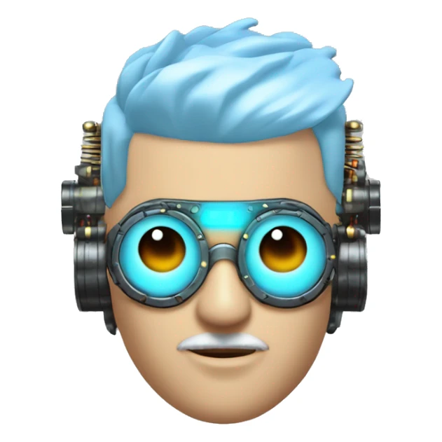  Short light blue haired male cyborg head with light blue beard, red steampunk goggles and circuits sticker