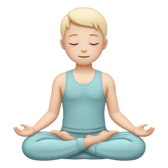 one simplified human character sitting in lotus pose, eyes closed, soft peaceful smile, feeling comfortable alone, calm and mindful mood, flat custom emoji sticker, pastel colors, rounded shapes, minimal details, mental health theme, thick outline, white background, no text sticker