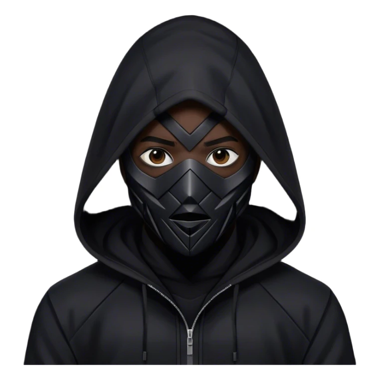 man with black hooded jacket and a full-black full-face geometric mask sticker