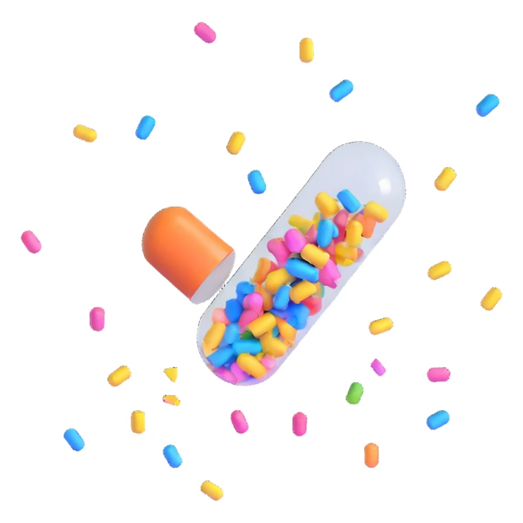 Glossy orange and blue 3D capsule split in half with shiny multicolored confetti bursting out in a joyful explosion, confetti suspended mid-air, playful high-quality 3D style, floating capsule sticker