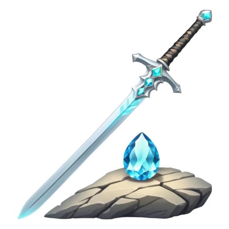 Shining silver sword with jeweled hilt, stuck in a stone, glowing aura.  sticker