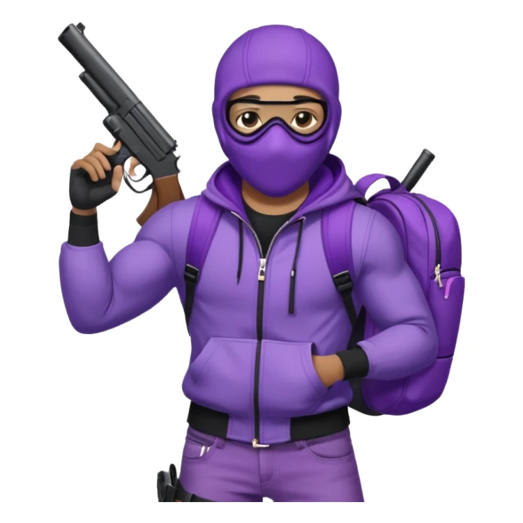 YN wearing a ski mask, holding a gun, purple jeans, Sprayground bookbag, confident stance sticker