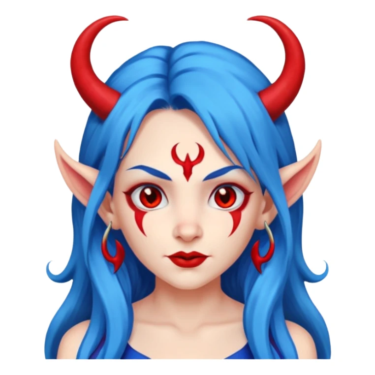 Female devil with long blue hair and horns,  cute face, half body sticker