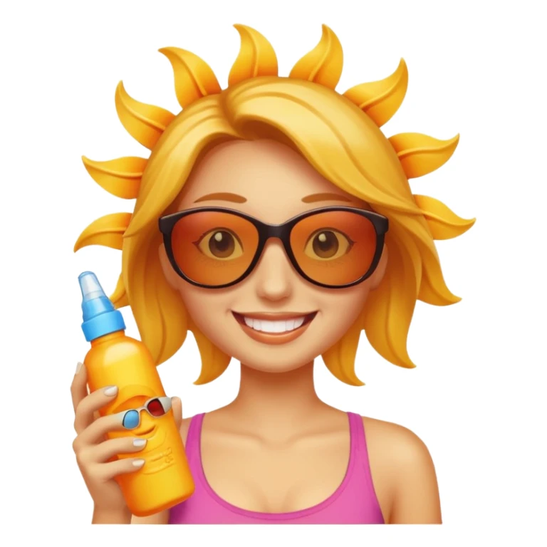 female with suncream bottle and sunglasses, with sun burned sticker