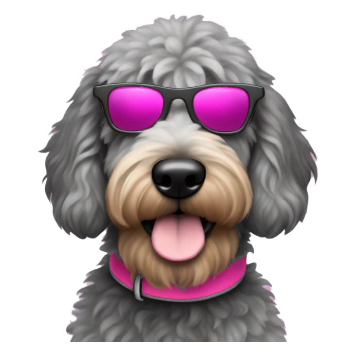 Grey and black golden doodle with pink collar and sunglasses sticker