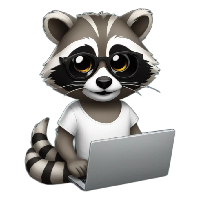 racoon wearing square glasses and white tee working on a black laptop sticker