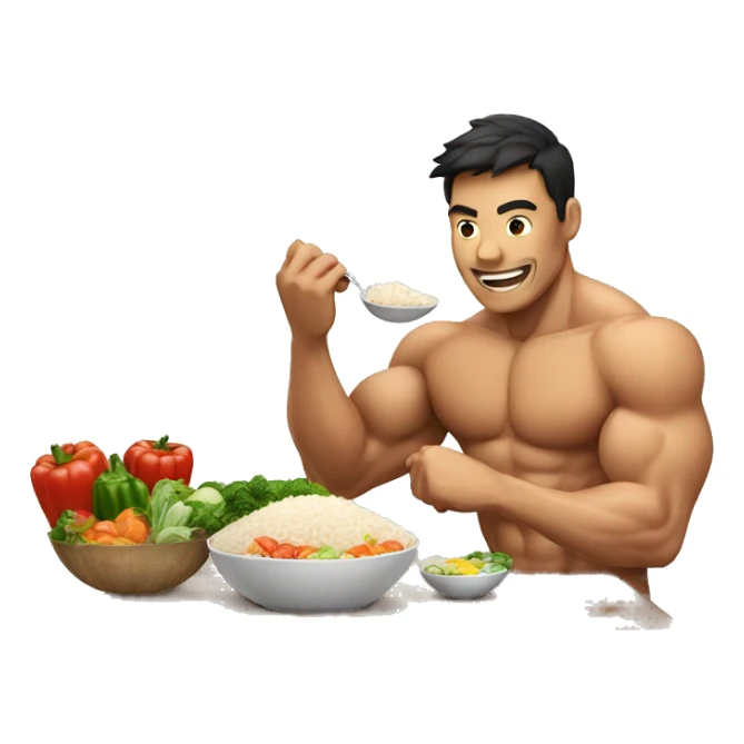 muscular man eating rice, meat and vegetables sticker