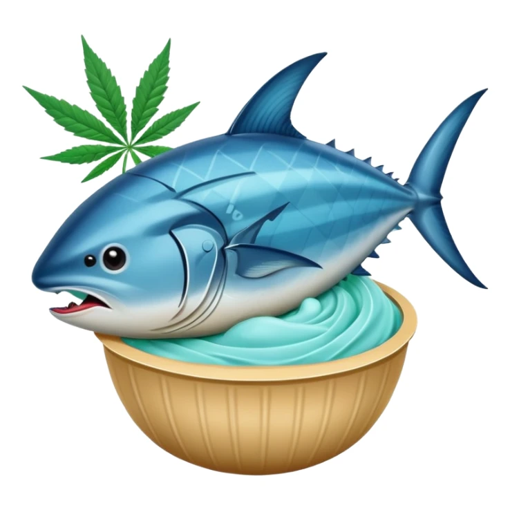 bluefin tuna in a gelato with cannabis leaf sticker