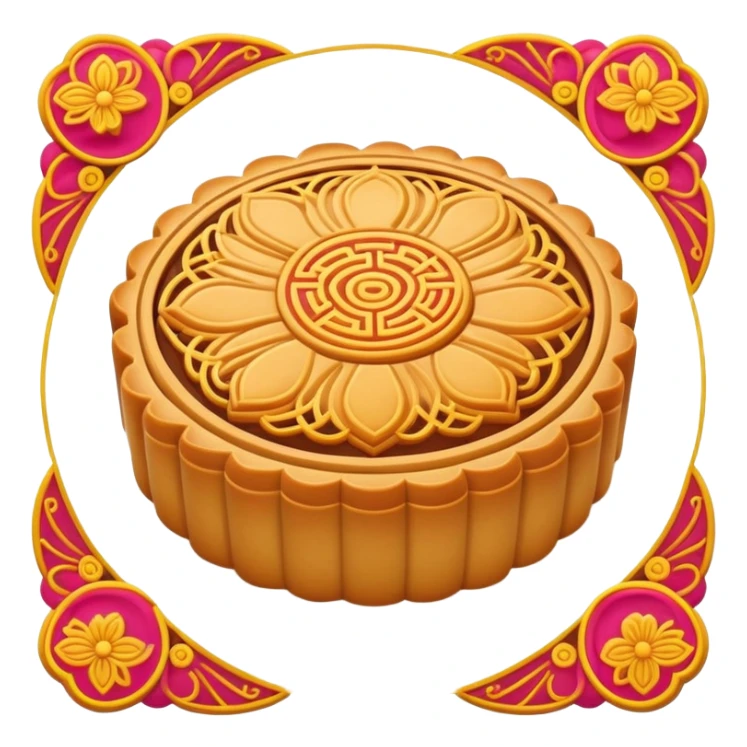 Mid-Autumn Festival mooncake with decorative pattern on top, simplified emoji style with bold outlines and bright colors, cartoon style round pastry with filling sticker