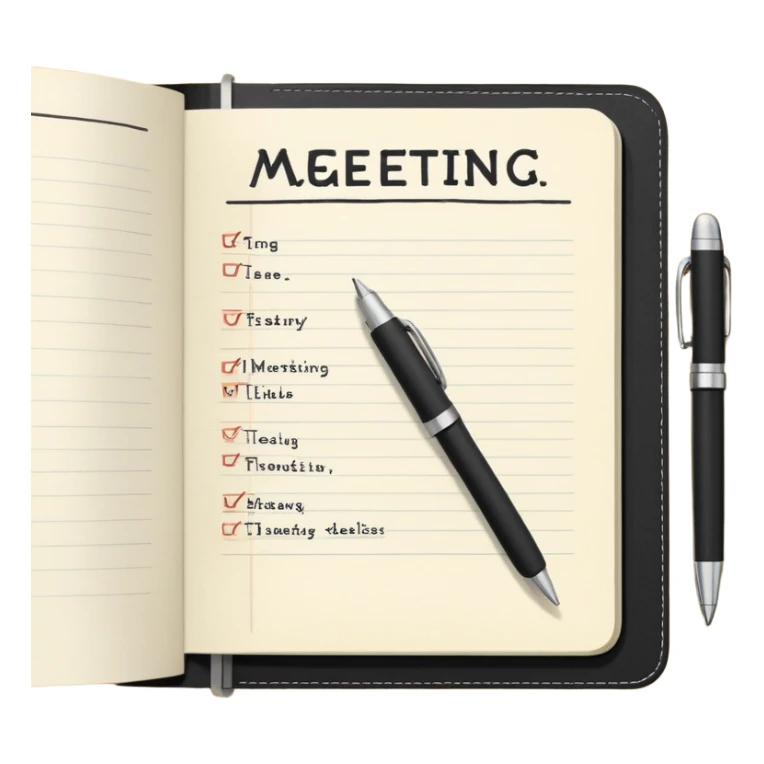A classic black Moleskine notebook open to show an agenda page with meeting items and bullet points sticker