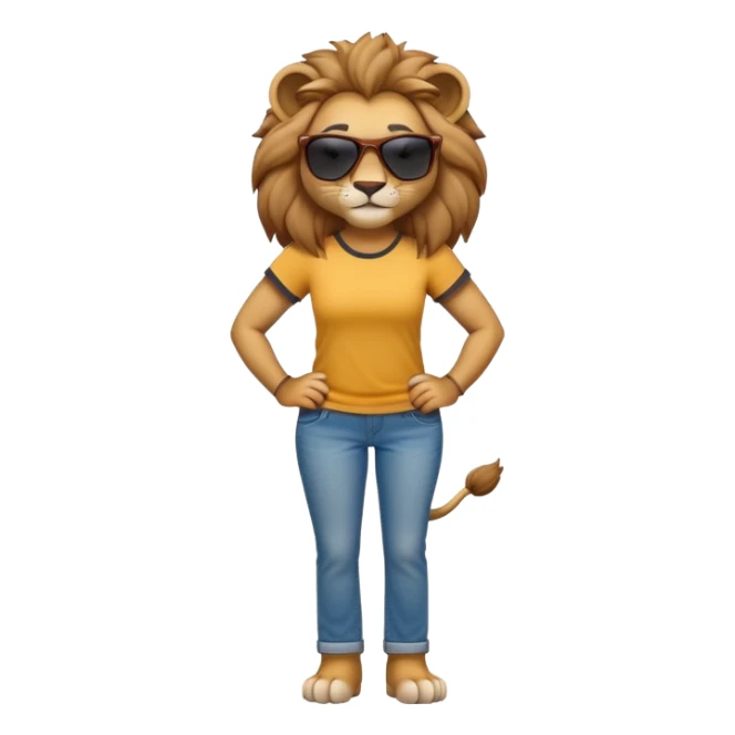 friendly anthropomorphised female lion character, full body, standing confidently with arms folded, wearing jeans, a t-shirt, and dark sunglasses, with a confident smile sticker