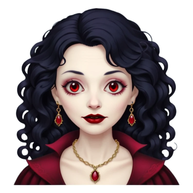 old Vampire lady Pale queen with ruby necklace, curly black long hair sticker