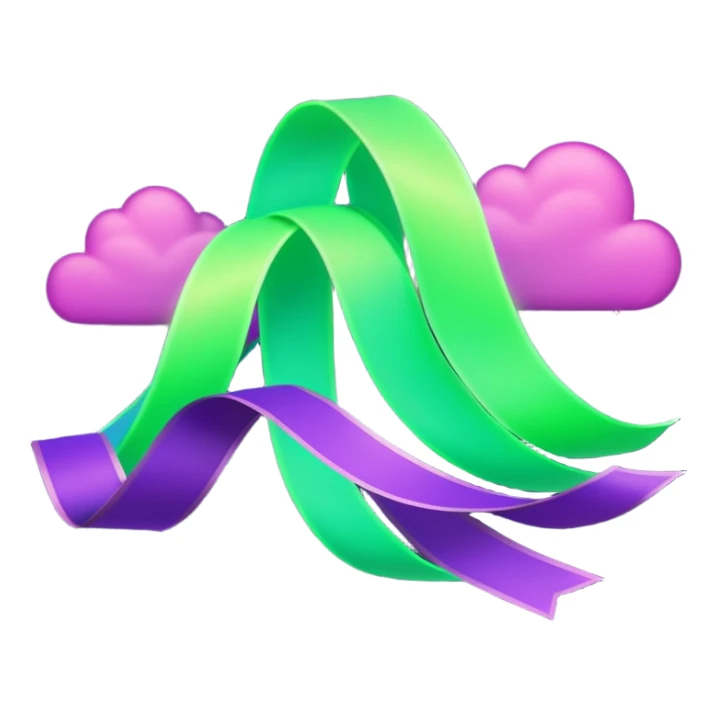 3D render of Aurora, miniature weather phenomenon, volumetric particle effects, wavy glowing neon green and purple ribbons in the sky, elemental energy, emoji style, isolated on white background --v 6.0. sticker