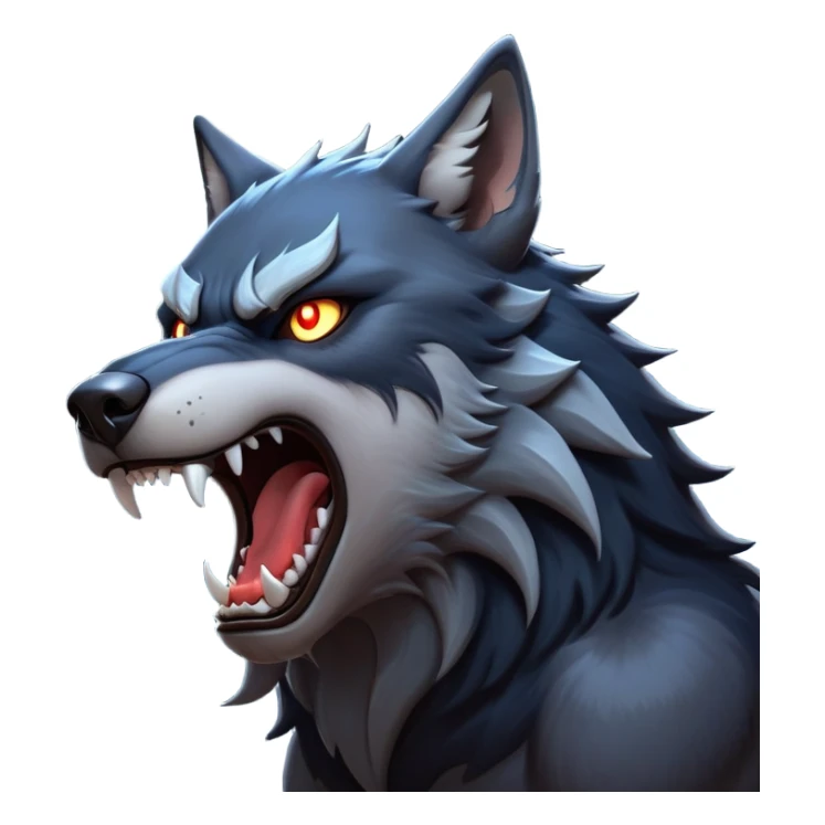 cinematic-noble-fierce-werewolf-howling-portrait-emoji, poised-and-imposing, with a fierce wolfish face tilted upwards in a haunting howl, glowing eyes full of primal ferocity, sharp, and a rugged snout, fur rippling in shades of midnight black and silver, muscles tensed as the powerful howl echoes beneath the moonlit sky; rendered with realism, capturing the raw, untamed power of the beast in its wild, primal state sticker