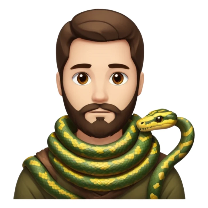 portrait man long brown hair brown eyes medium beard white skin with snake wrapped around neck calmly sticker