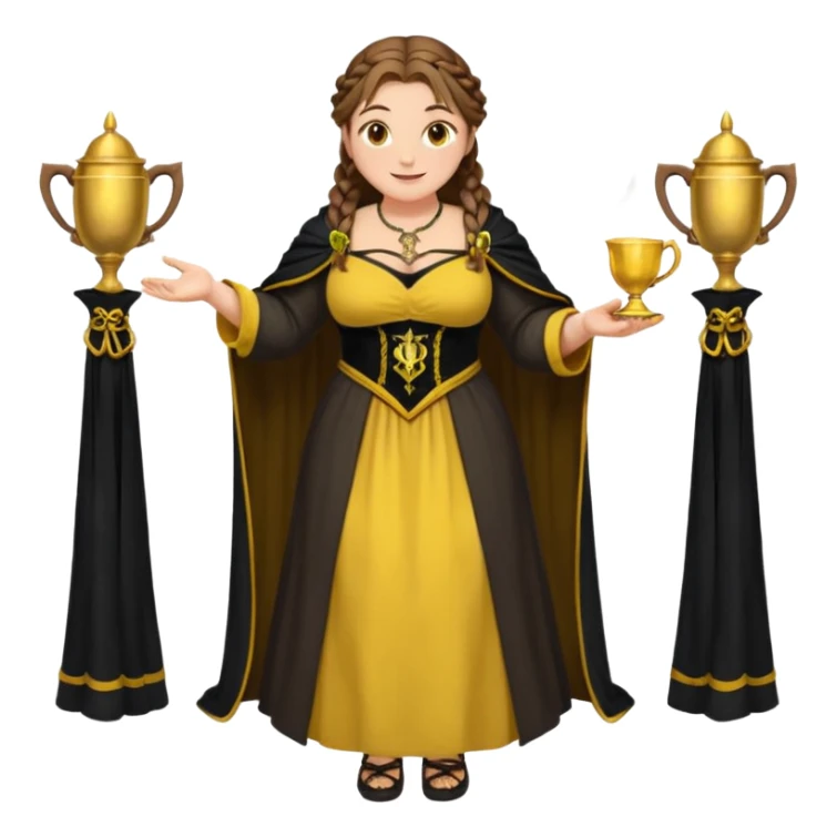 Helga Hufflepuff,brown-haired,2 braids,yellow-black medieval open dress,deep neckline,fat macromastia,black cloak decorated with gold braiding,gold cup with two handles,very kind smile,curvy busty sweet woman,round rosy cheeks,full length with medieval shoes sticker