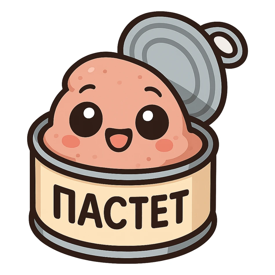 Minimal chibi open pâté can emote, visible pâté inside the can, big cute eyes, cheerful smile, thick black outline, flat colors, strong contrast, simple emoji sticker style, transparent background, Twitch emote optimized, Cyrillic text "ПАСТЕТ" clearly readable sticker