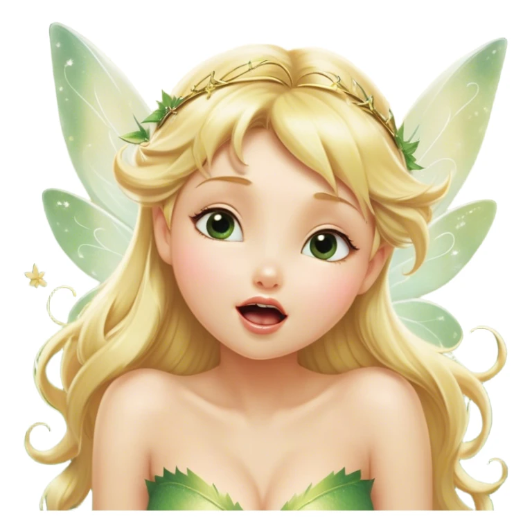 Cinematic Realistic Blonde Tinker Bell Fairy Portrait, head tilted slightly with a dramatic, wide-open yawn, revealing a tender, drowsy visage with intricately detailed golden blonde hair and softly shimmering wings gently drooping. Her sleepy, sparkling eyes exude a dreamy, ethereal charm, while the soft natural light and high shine emphasize every delicate detail—capturing the essence of an enchanting fairy drifting into a magical slumber. sticker