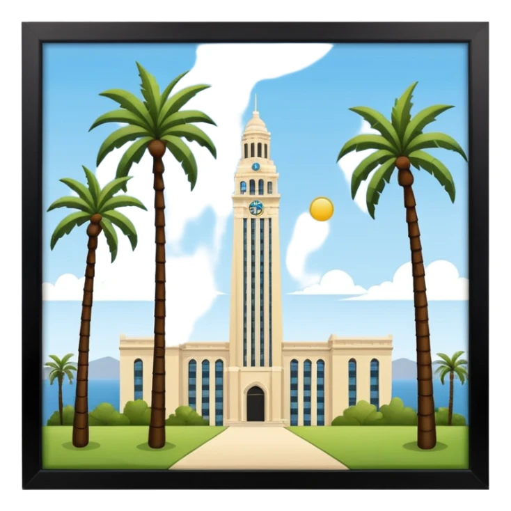 California Tower landscape in San Diego with palm trees, inspired by reference photo, simple style, apple style emoji, white background, no text sticker