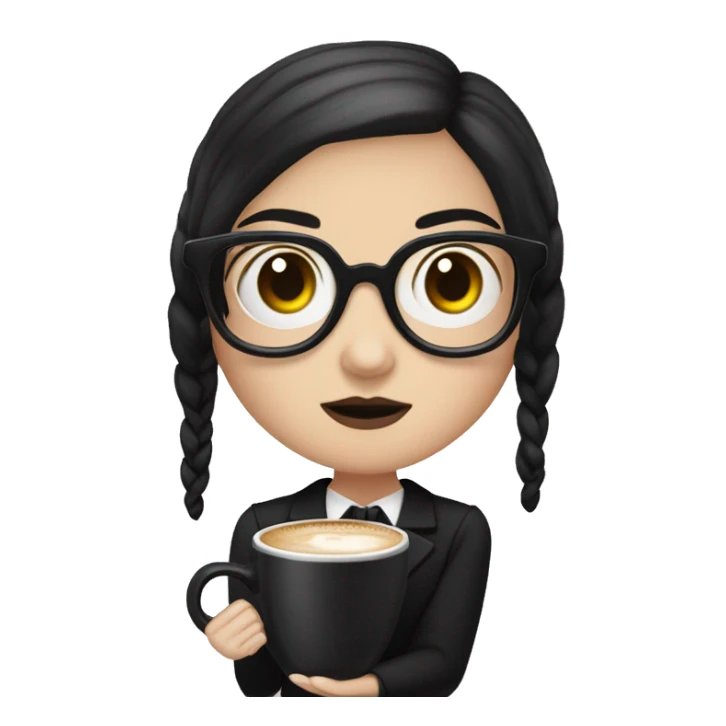 Wednesday Addams wearing square black glasses an holding a steaming coffee  mug  sticker