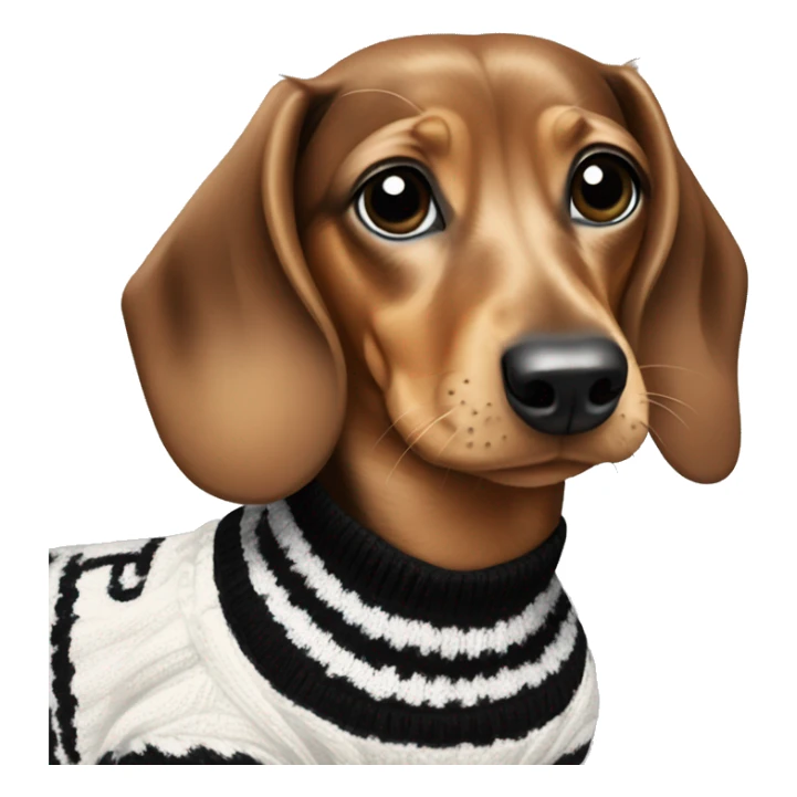 Dachshund wearing black and White Sweater with chanel Logo  sticker
