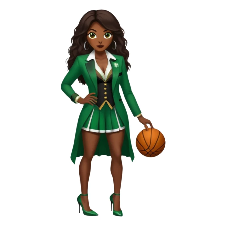 Bald white man with blue eyes and an orange beard, wearing a Jason Tatum jersey, jeans and green/white Nike sneakers. 

48-year-old dark skin black woman with brown eyes and long dark brown hair is dressed in sexy Boston celtics outfit & wearing stilettos. sticker
