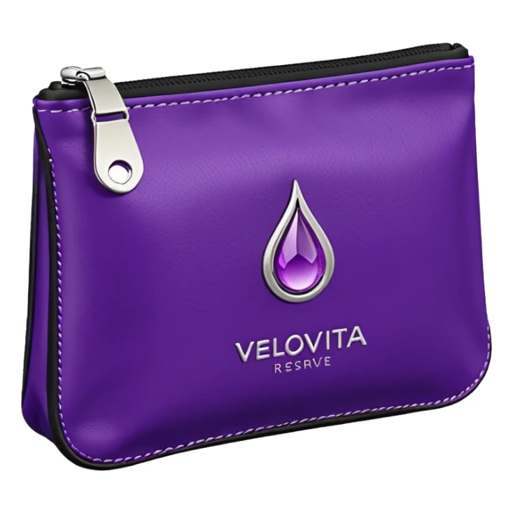 compact high-end purple supplement pouch with shiny silver highlights and simple droplet logo, VELOVITA RESERVE antioxidant product, contemporary premium look sticker