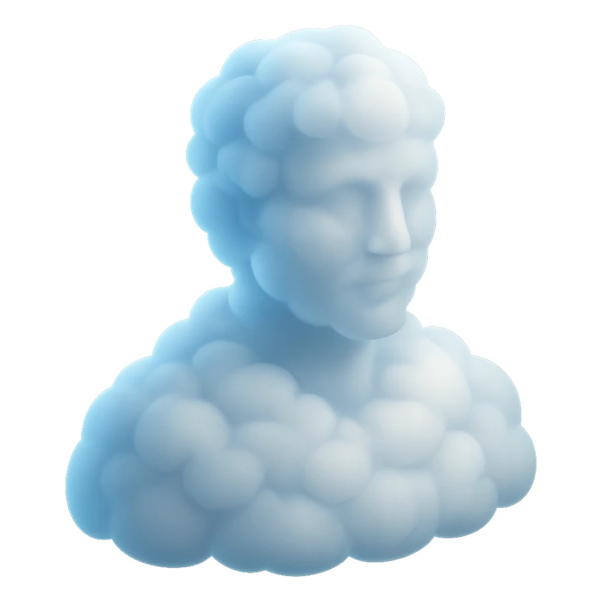 shoulder-up front view of a person fully made of bright, puffy clouds, including the face, matte glass style sticker