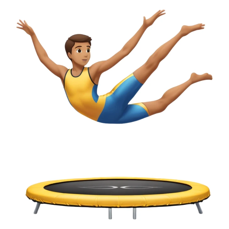 An athletic person soaring high above a trampoline, executing an acrobatic flip with perfect form. The scene captures motion and energy, with a dynamic pose, stretched limbs, and a focused expression. The background suggests a professional trampoline arena with safety padding. sticker
