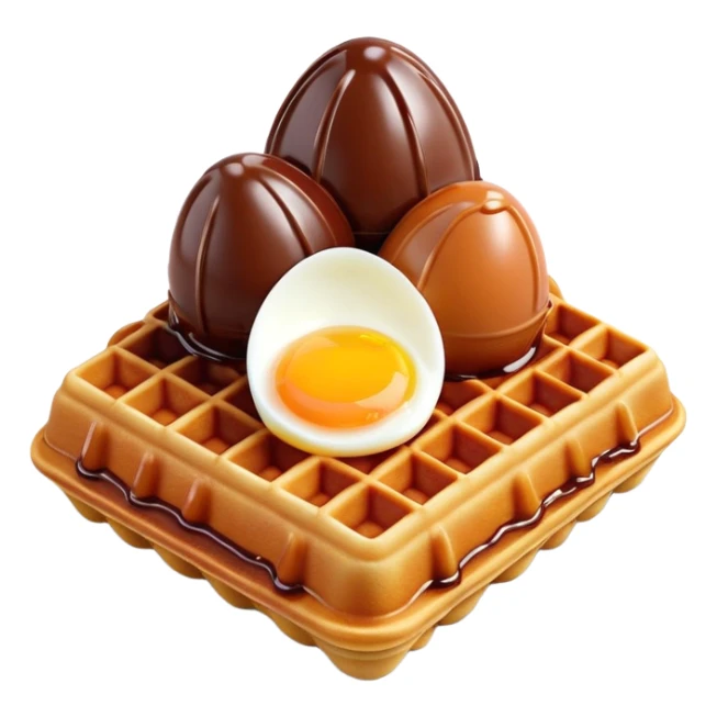 3D rendered hyper-realistic chocolate Hong Kong egg waffle, rich brown color, glossy bubbles with detailed texture, candy-like sheen, playful presentation, soft illumination sticker