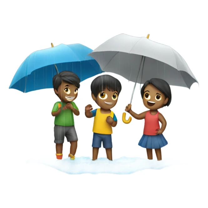 3 kids with a umbrella playing with a paper ship in the rain sticker