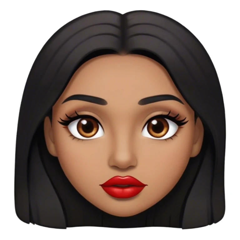 Woman, light brown skin, black long hair, medium arched eyebrows, brown eyes, full lashes, and red lips sticker
