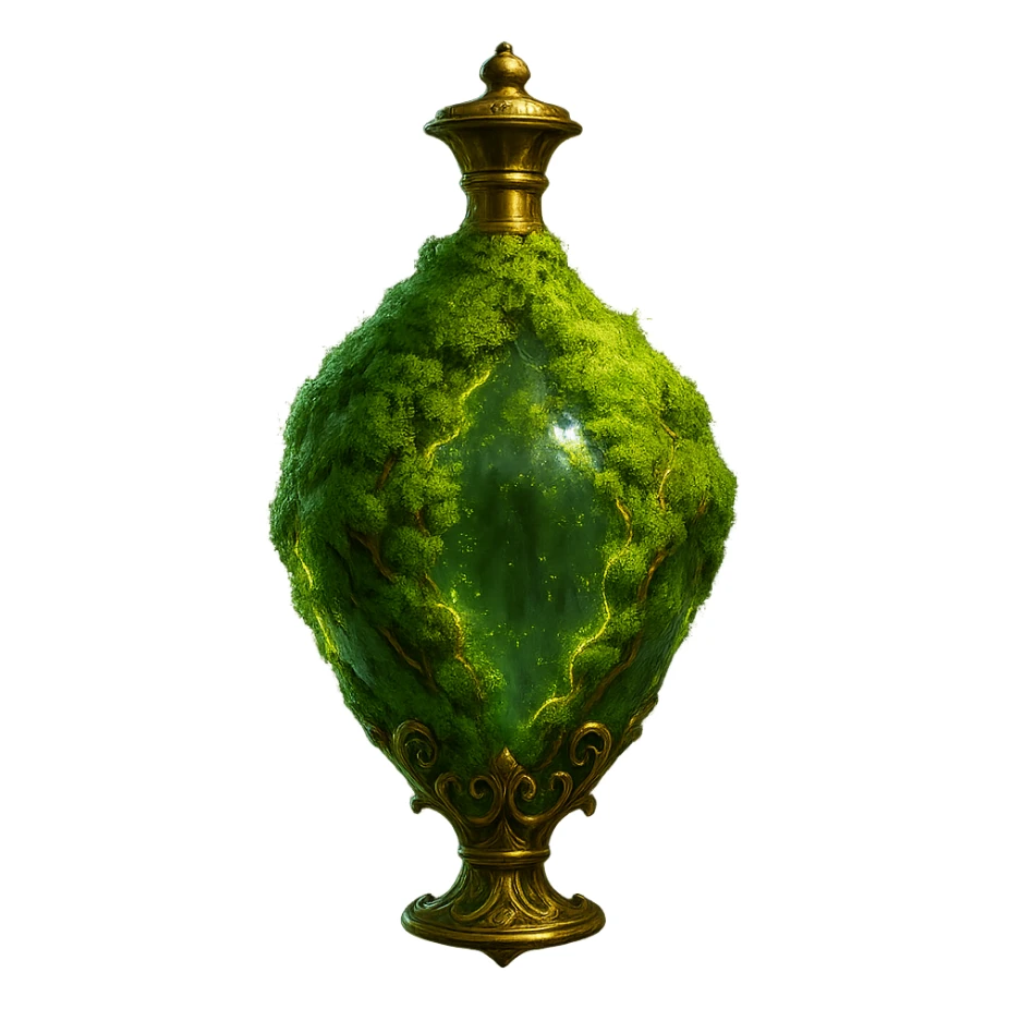 premium class crystal elixir bottle covered with living green moss, lots of glowing edges, ornate golden details, magical effects, very small golden neck, beautiful merging base, clearly floating in air, no base or shadow, very luxurious, natural, magical, fits collection, transparent background sticker