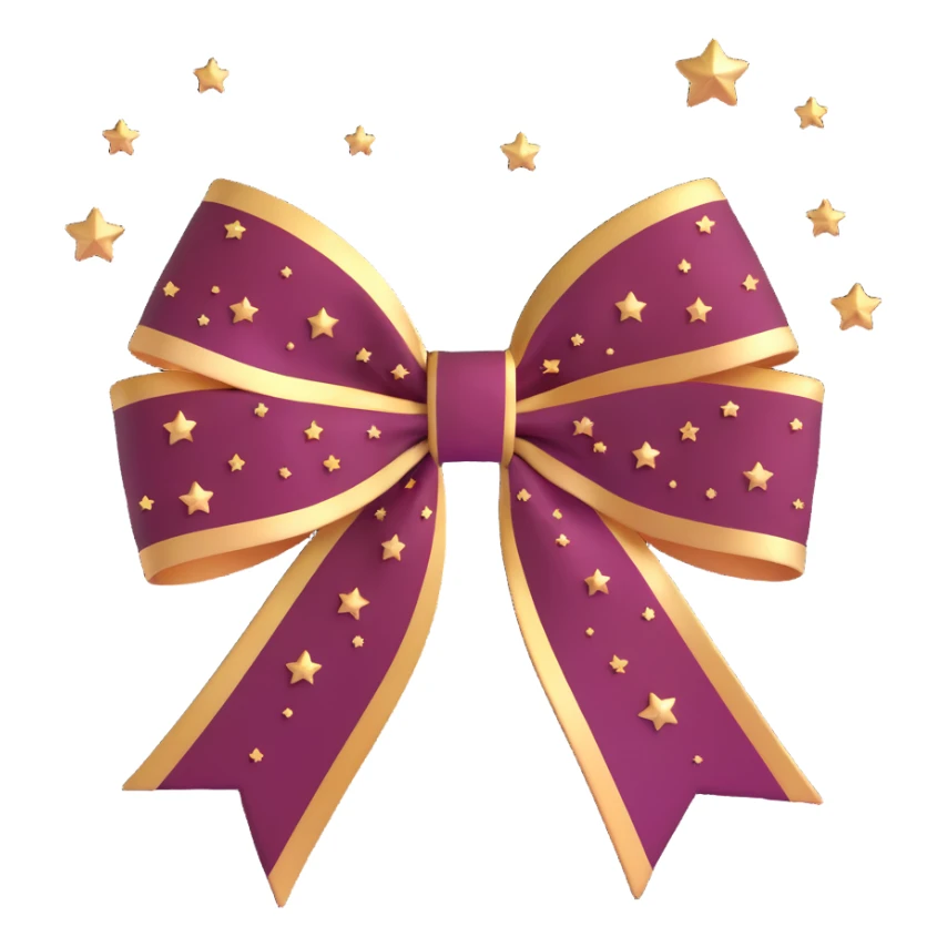 sparkly burgundy bow with gold outline, soft gradient, and small stars sticker