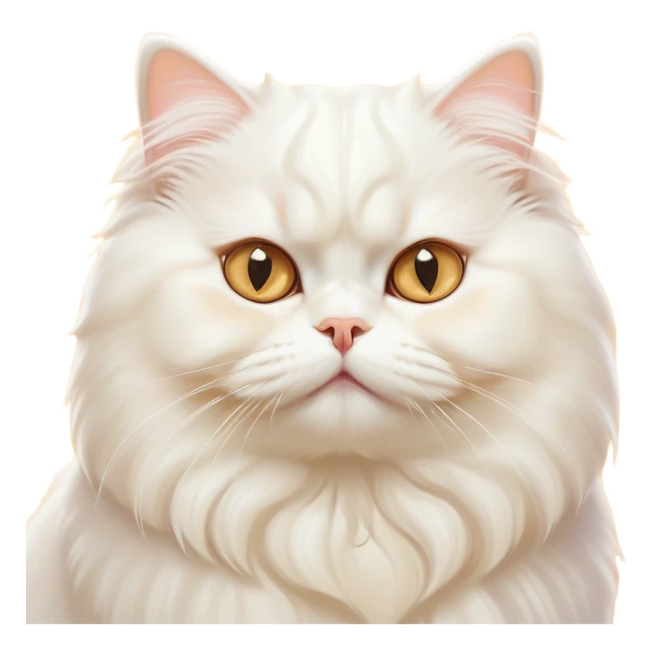 Cinematic Comical White Persian Cat Portrait Emoji, Head tilted playfully with a touch of sass, fluffy white fur with subtle hints of cream and golden tones, Simplified yet hilariously chubby features, highly detailed, glowing with a warm, friendly glow, high shine, a mix of lazy and curious, stylized with a touch of whimsy, bright and endearing with a comical expression, soft glowing outline, capturing the essence of a mischievous yet chubby, fluffy kitty, so endearing it feels like it could stretch out of the screen and demand attention with its cheeky charm! sticker