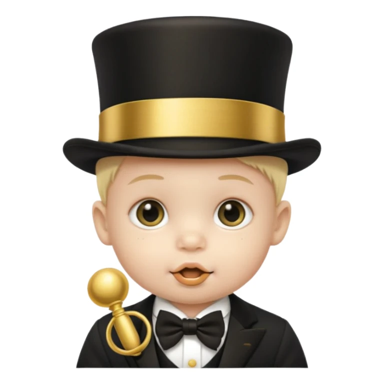 a baby's face in a black top hat with a gold stripe and a gold pacifier sticker