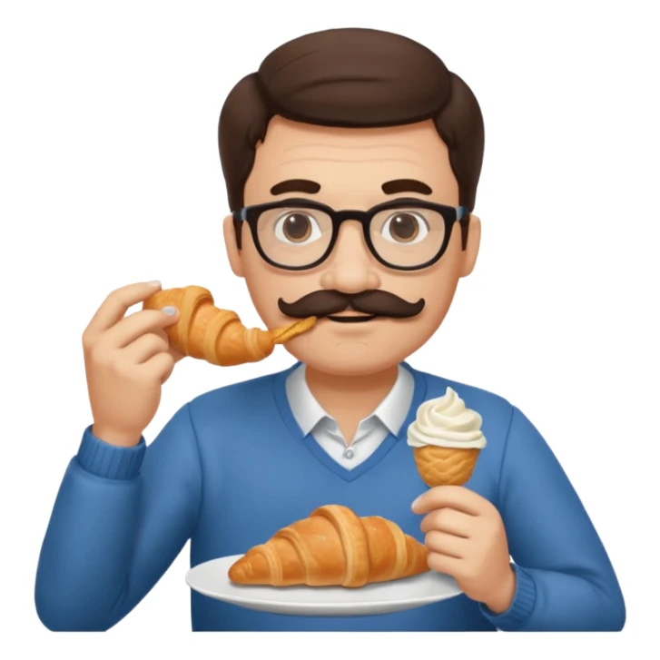 brunette man with glasses and moustache eating croissant sticker