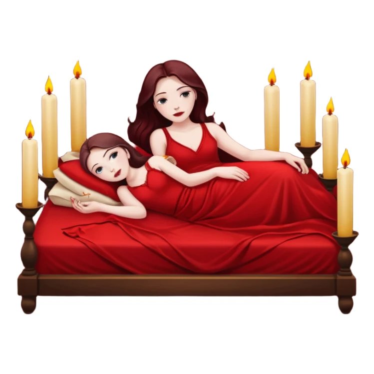 Low bed, red sheets, candles everywhere, woman reclining in shadowed control sticker