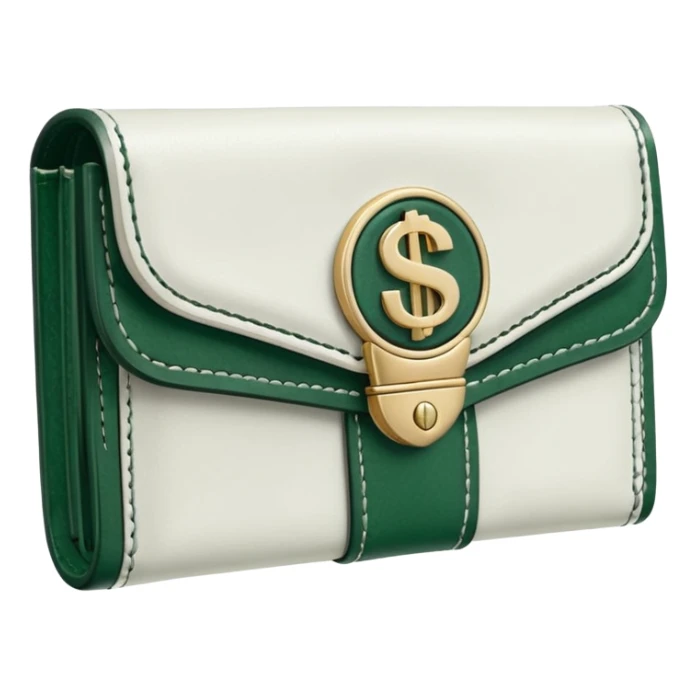 white wallet with dark green details, white dollar bills with dark green elements visible, no emojis sticker