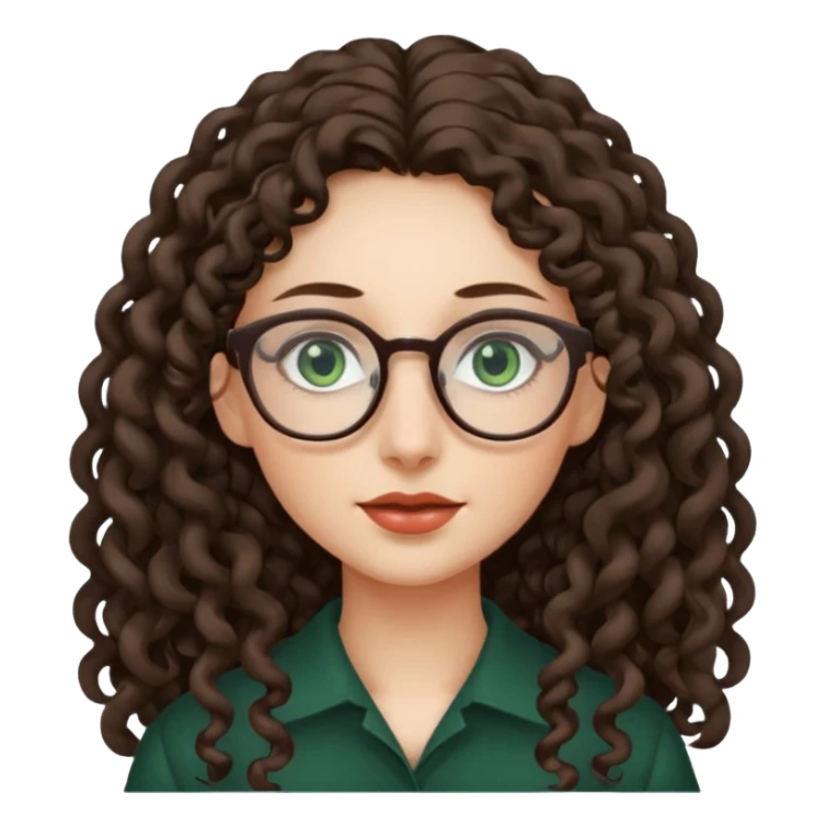 rapariga, olhos verdes escuros, cara comprida, cabelos muito compridos aos caracóis, com óculos sticker