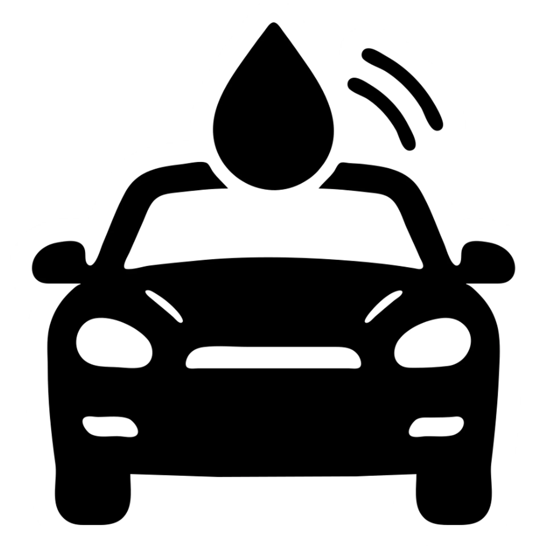 solid icon of a full luxury vehicle with glossy black mirror paint, strong shine and reflections, water droplet sliding on the surface, minimal repellent effect with lines, elegant and minimal sticker