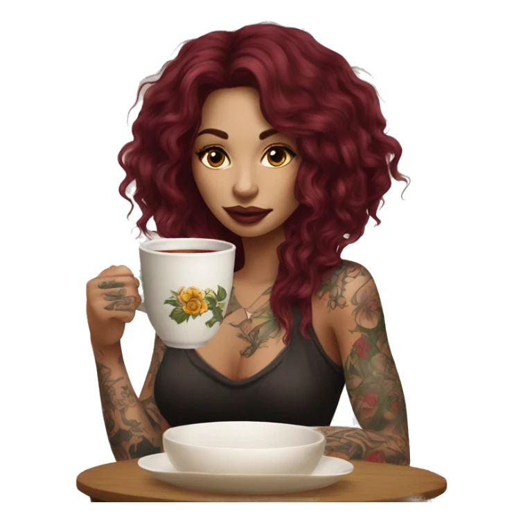 Beautiful tattooed  burgundy long haired woman sipping tea sticker