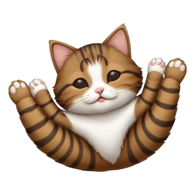 dark brown tabby and white small cat in funny positions upside down with eyes closed sticker