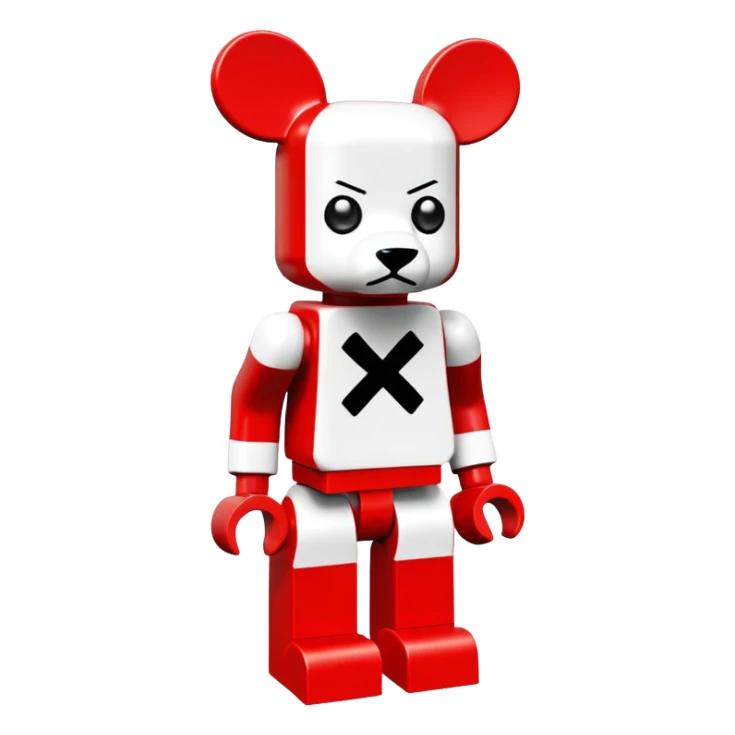 Lego bearbrick with X crosses for eyes, big ears, oversized boots, long limbs, exaggerated proportions, blocky Lego style sticker
